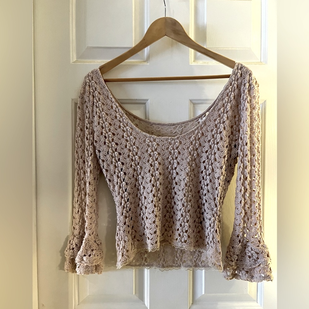 Free People crochet tan/cream bell sleeves blouse
